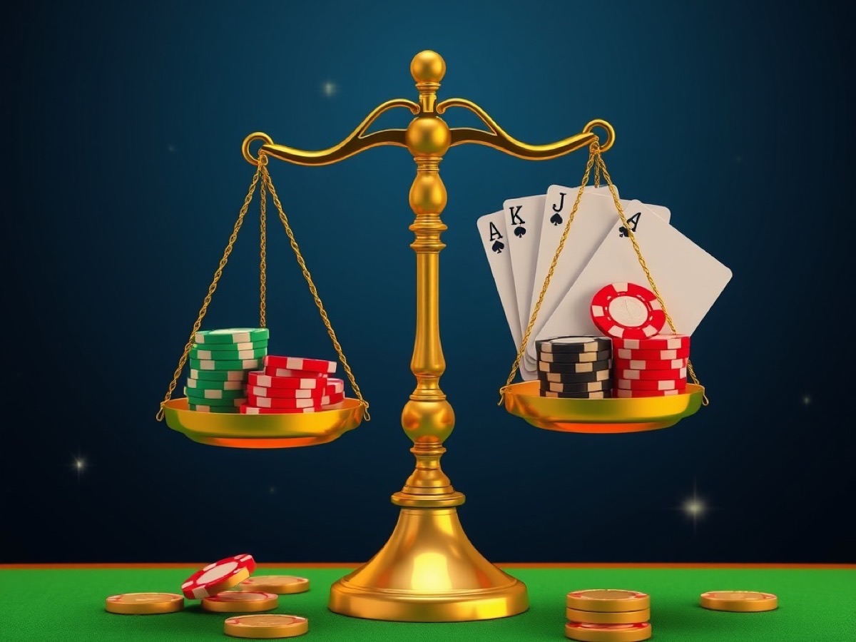Editorial banner illustrating fair play at Rummy Pro with a golden balance scale holding cards and chips