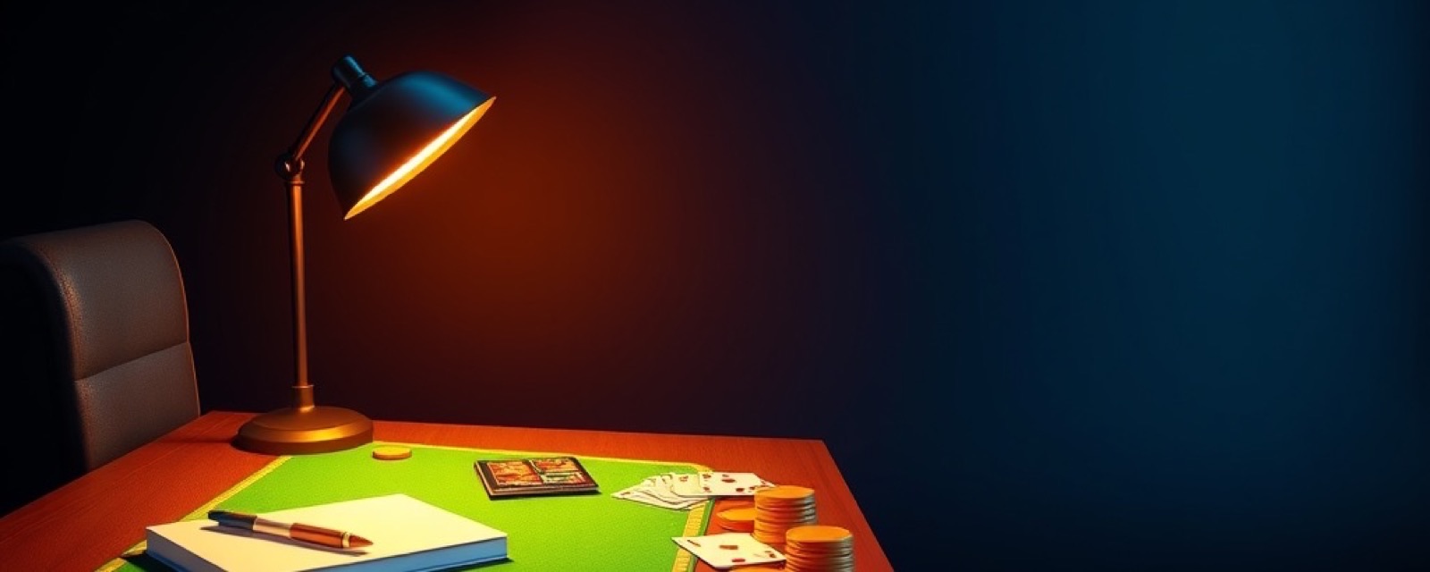 Rummy Pro editorial desk with a notebook, playing cards and gold chips under a lamp