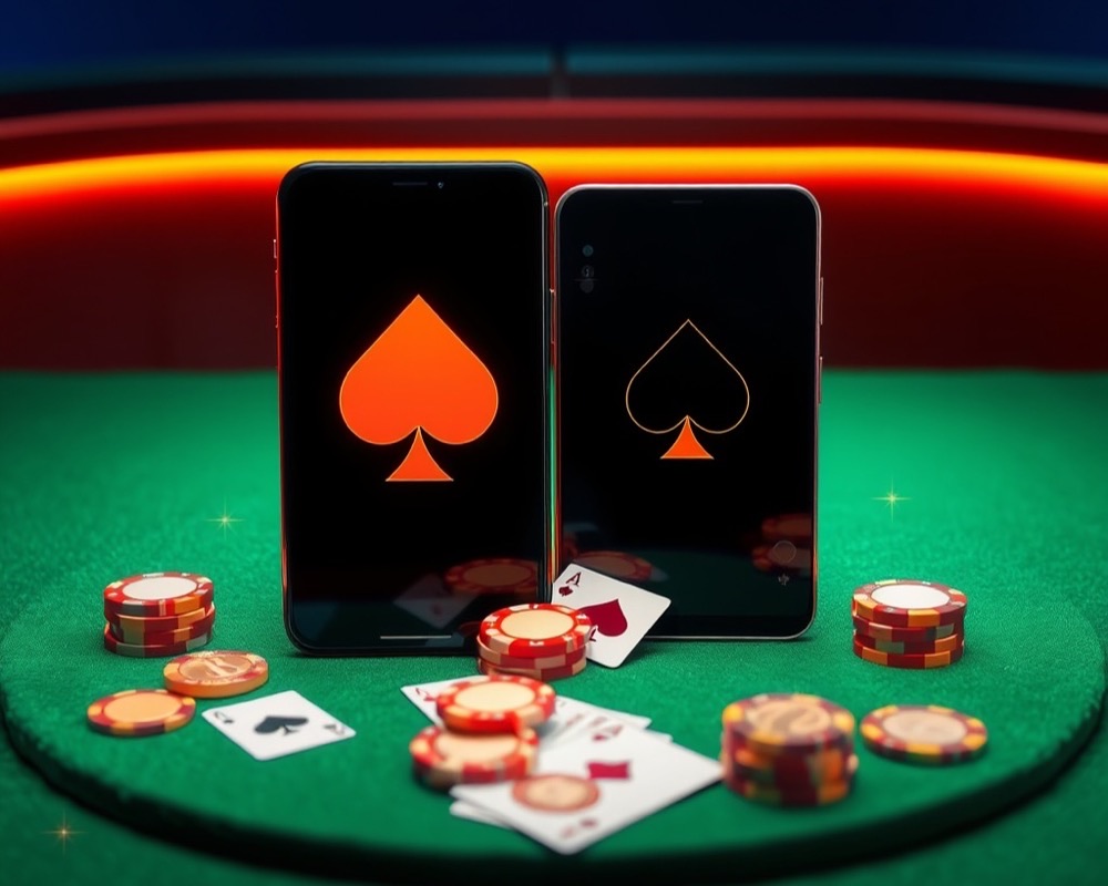 Phone and tablet showing glowing playing card suits on a green felt table