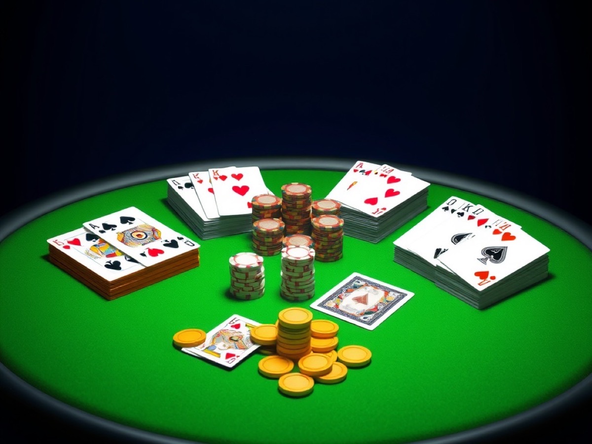 Rummy, poker and teen patti card piles laid out on a green felt table