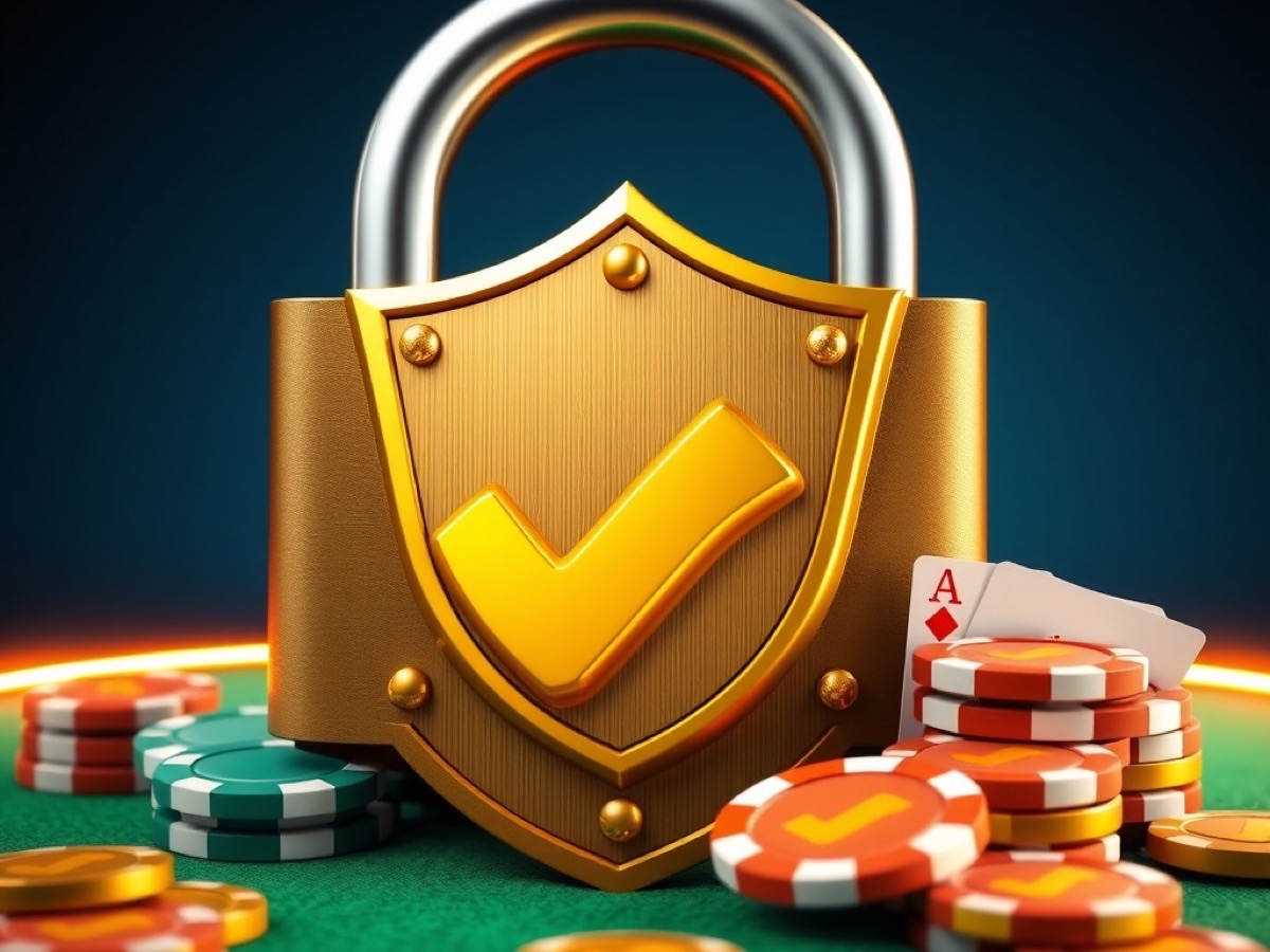 Golden shield and padlock guarding playing cards and chips on green felt