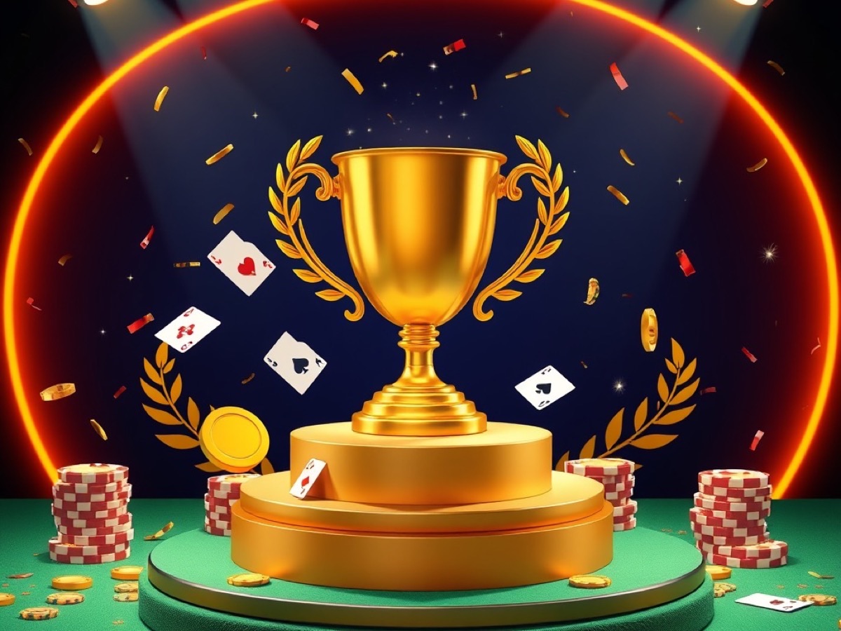 Golden tournament trophy on a podium with confetti, medals and playing cards